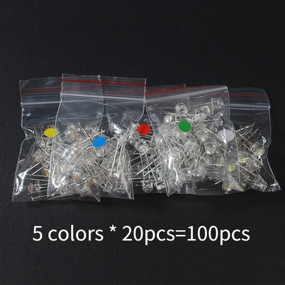 100pcs LED Diode F5 Super Bright Straw Hat LED 5mm Light Emitting Diodes Blue Green Red Yellow White, for DIY Electronic
