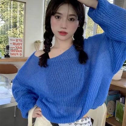 Simple Hollow Out Knitting Sweater Women Lazy Style Off Shoulder Thin Pullover Sweater Female Trendy Loose All-Match Knit Jumper