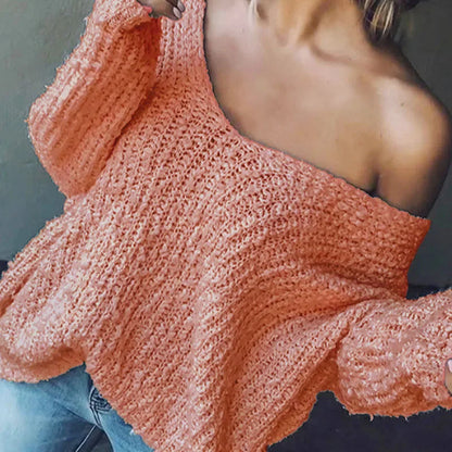 Winter Fashion Hollow Pullover Sweater Autumn Sexy V-neck Homewear Loose Knitted Top Women Causal Long Sleeve Solid Color Jumper