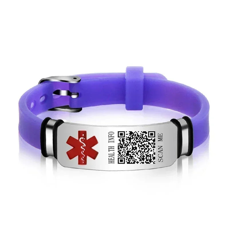 Functional Stainless Steel QR Code Health Wristband with Adjustable Emergency Medical ID Silicone Sports Wristband