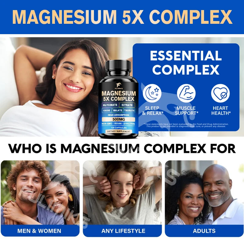 Magnesium Pills Supplement - 5 in 1 Complex, Glycinate, Citrate, Malate, Taurate, Oxide - Stress, Muscle & Heart Support