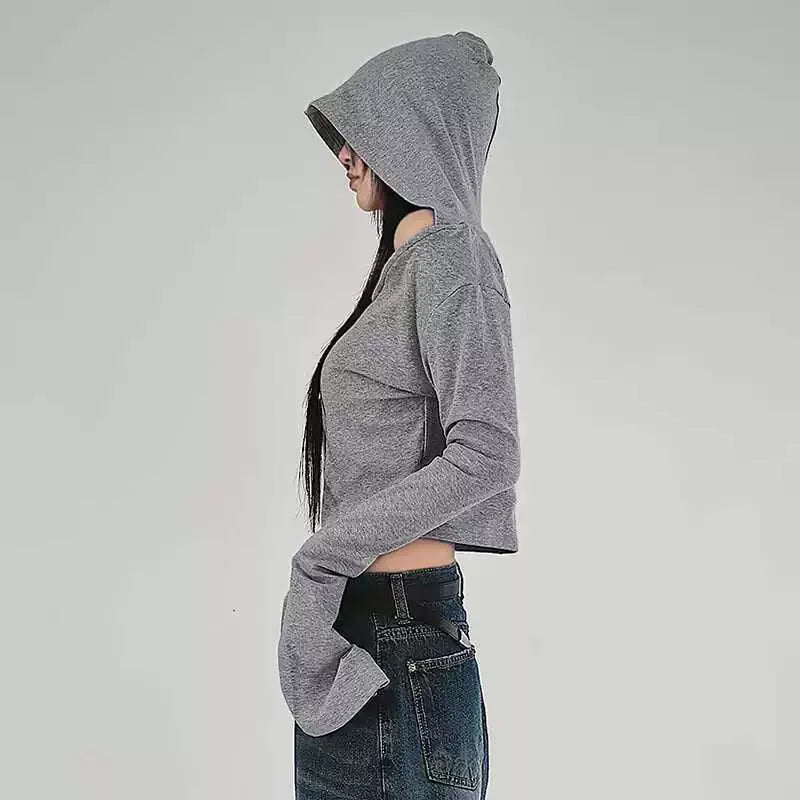 Flare Long-sleeve Hooded Crop Top Women Fall Solid Color Elastic Casual Tee Shirt Pullover Pile Collar Y2k T-shirt