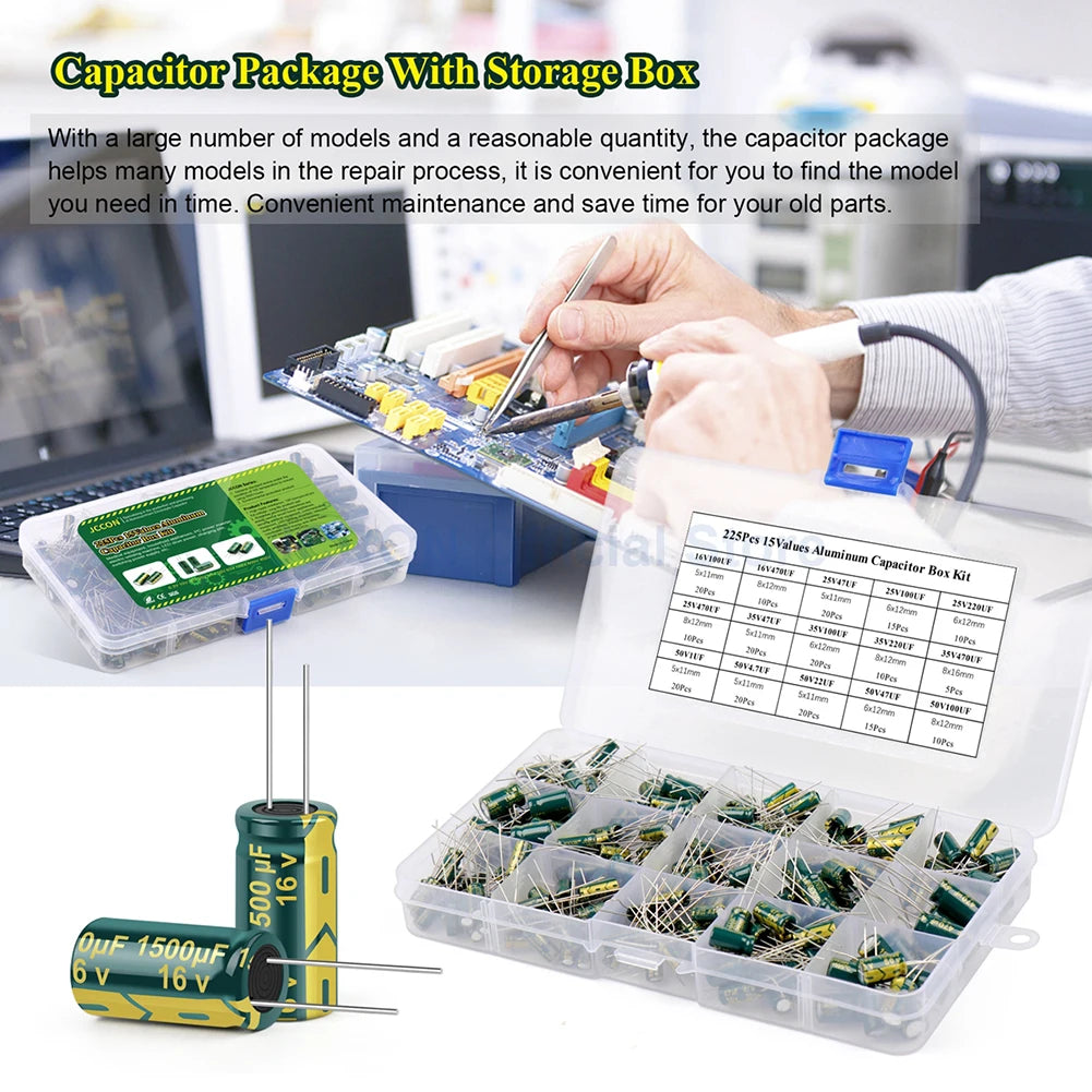 15/24/36 Values 225/460/925Pcs Aluminum Electrolytic Capacitors with Storage Box Aluminum Electrolytic Capacitors Assortment Kit