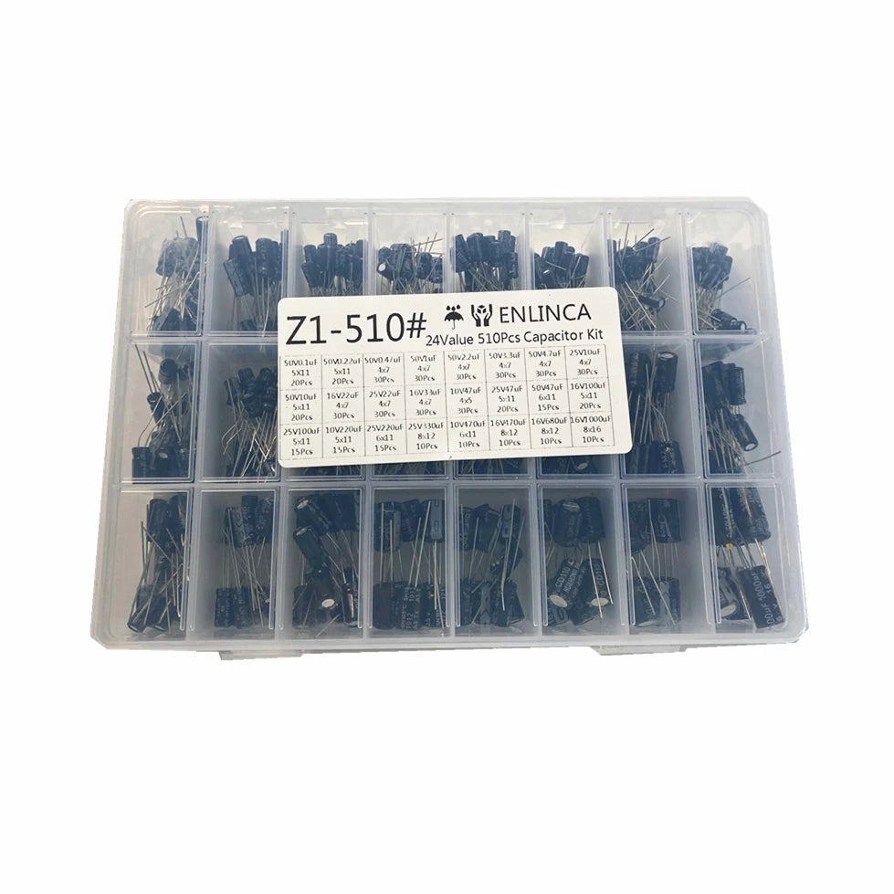 510Pcs/lot 24 Values10V/16V/25V/50V (0.1uF~1000uF)Electrolytic capacitor Assorted capacitors assortment samples electronic kits