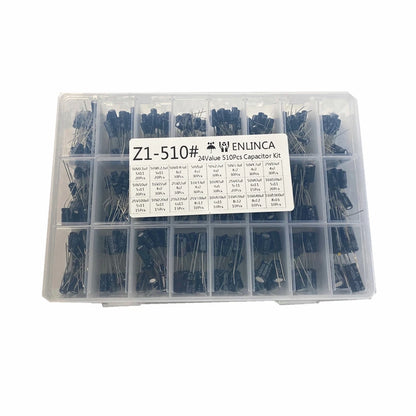 510Pcs/lot 24 Values10V/16V/25V/50V (0.1uF~1000uF)Electrolytic capacitor Assorted capacitors assortment samples electronic kits
