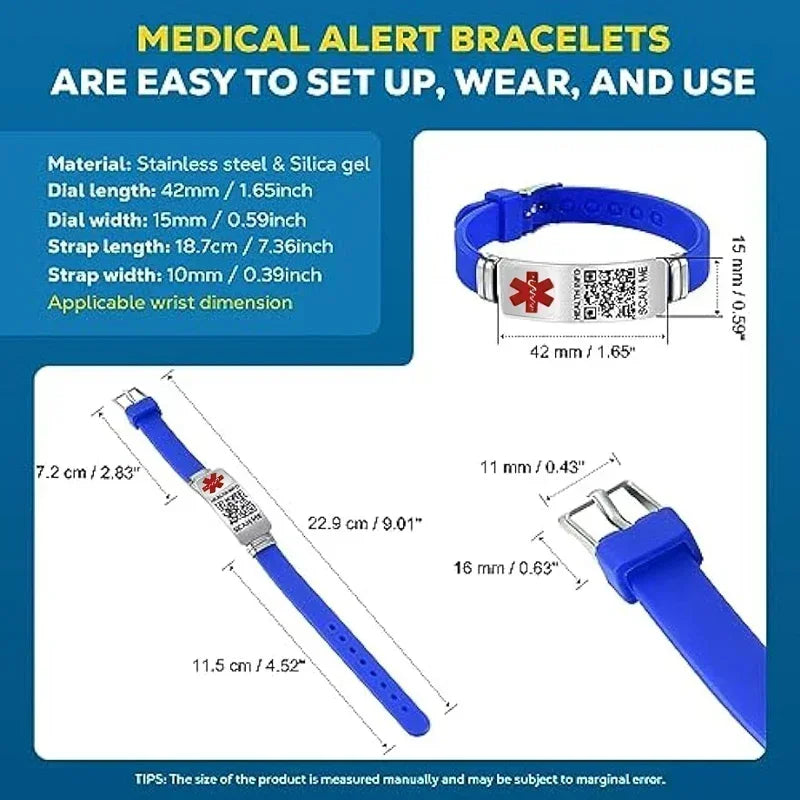 Functional Stainless Steel QR Code Health Wristband with Adjustable Emergency Medical ID Silicone Sports Wristband