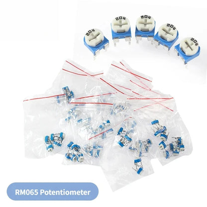 65PCS RM065 Trimmer Potentiometer Adjustable Resistance 100R~1M Variable Resistors 200 1K 2K 5K 10K 20K 50K 100K 200K 500K Ohm