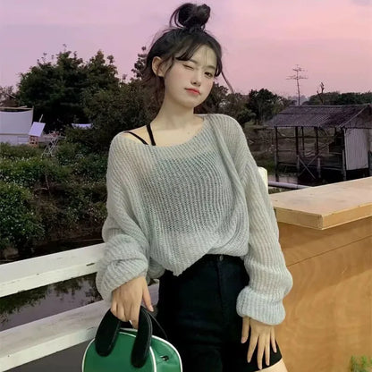 Simple Hollow Out Knitting Sweater Women Lazy Style Off Shoulder Thin Pullover Sweater Female Trendy Loose All-Match Knit Jumper