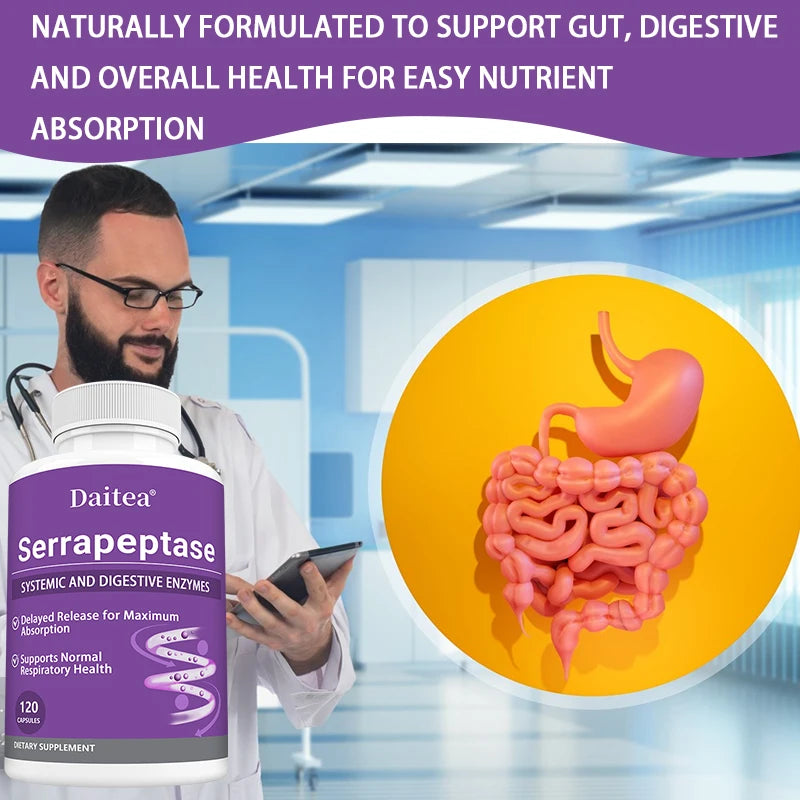 Serrapeptase with Digestive Enzyme, Extra Strength Supplement, Supports Healthy Cellular Function, Gut Health, Digestion