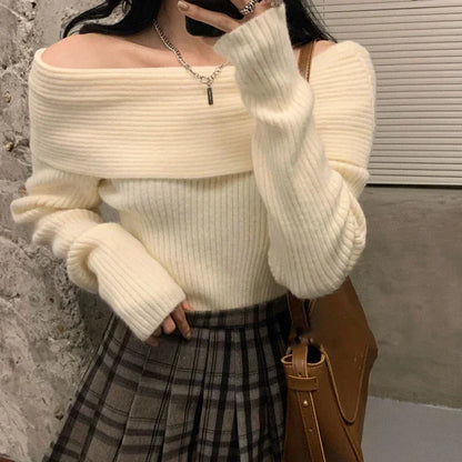 Smvp Slash Neck Knitted Sweater Women Sexy Off Shoulder Long Sleeve Pullovers Female Korean Elegant Thicken Slim Jumpers Top