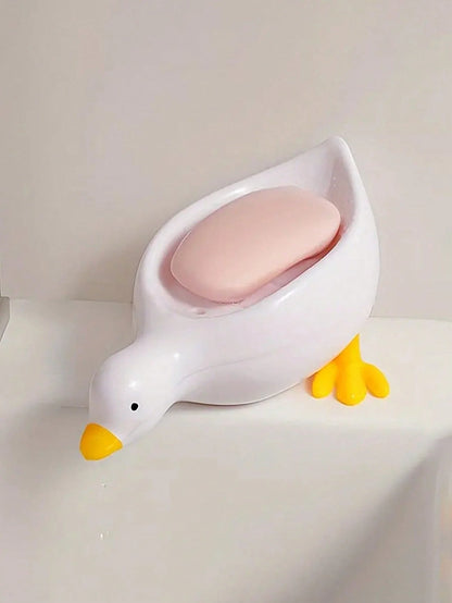 1Pc White Duck-Shaped Soap Holder, Made of Plastic, Suitable for Kitchen and Bathroom Countertops, Non-Slip Draining Soap Box Container, Bathroom Accessory