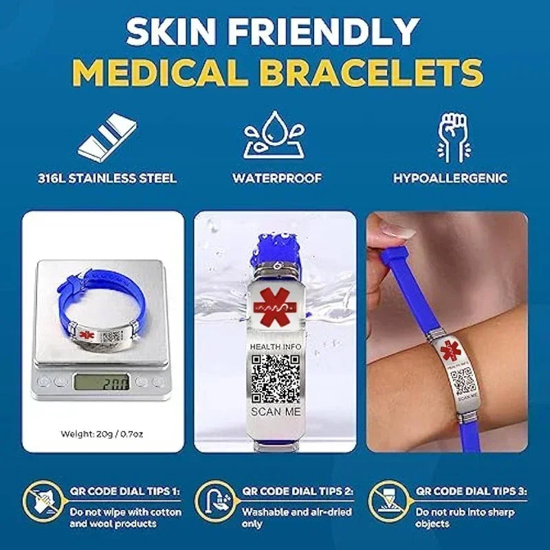 Functional Stainless Steel QR Code Health Wristband with Adjustable Emergency Medical ID Silicone Sports Wristband