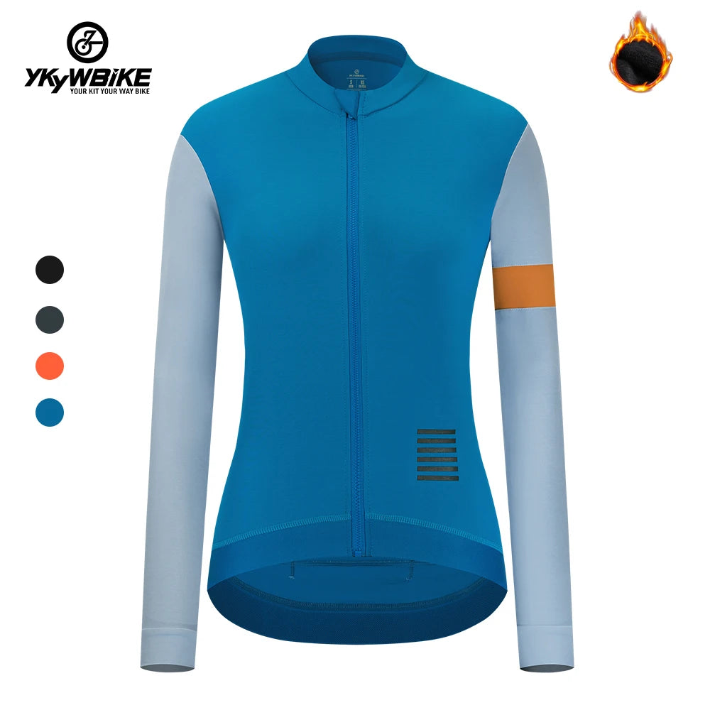 YKYW Women's Windbreak Thermal Fleece Jacket Pro Team Long Sleeve Cycling Jersey MTB Bike Maillot T Shirt Bicycle Clothing