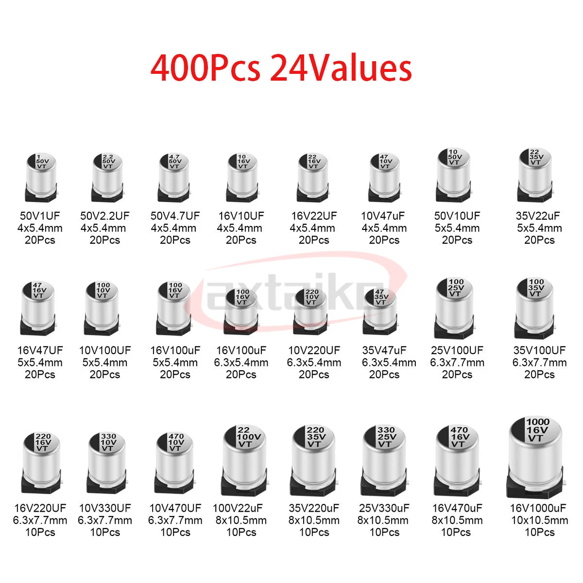 400Pcs 1UF~1000UF 10V 16V 25V 35V 50V 100V 24 Value 47uF 680uF SMD Aluminum Electrolytic Capacitors Assortment Kit + Box