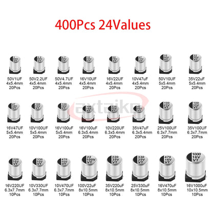400Pcs 1UF~1000UF 10V 16V 25V 35V 50V 100V 24 Value 47uF 680uF SMD Aluminum Electrolytic Capacitors Assortment Kit + Box
