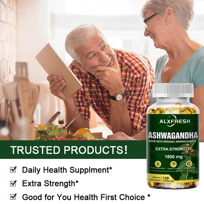 Alxfresh Pure Organic Ashwagandha Root Extract Capsule 1800mg Supplement Help Stress, Focus, Brain, Energy Support Sleep Health