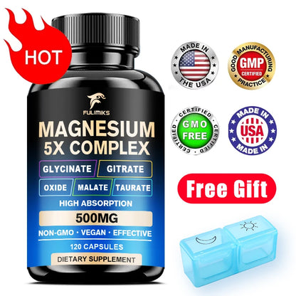 Magnesium Pills Supplement - 5 in 1 Complex, Glycinate, Citrate, Malate, Taurate, Oxide - Stress, Muscle & Heart Support