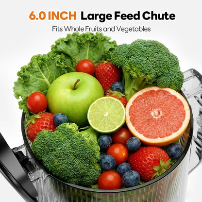 3-In-1 Cold Press Juicer, Makes Juice, Nut Milk & Sorbet, Filter-Free Easy Cleaning, 6.0" Wide Mouth Self-Feeding Hopper, Hands-Free Juicer Machines for Healthy Everyday Living, with Pusher