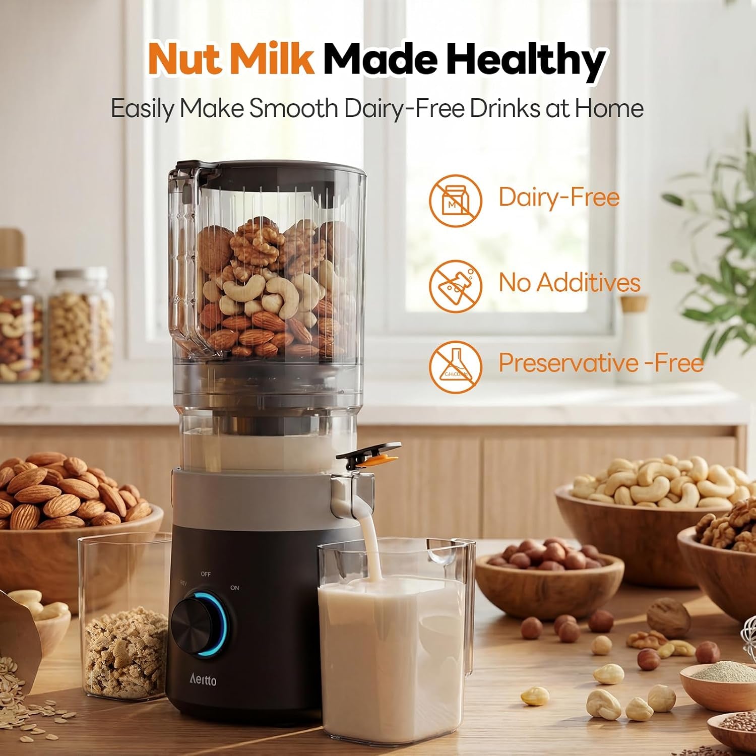 3-In-1 Cold Press Juicer, Makes Juice, Nut Milk & Sorbet, Filter-Free Easy Cleaning, 6.0" Wide Mouth Self-Feeding Hopper, Hands-Free Juicer Machines for Healthy Everyday Living, with Pusher