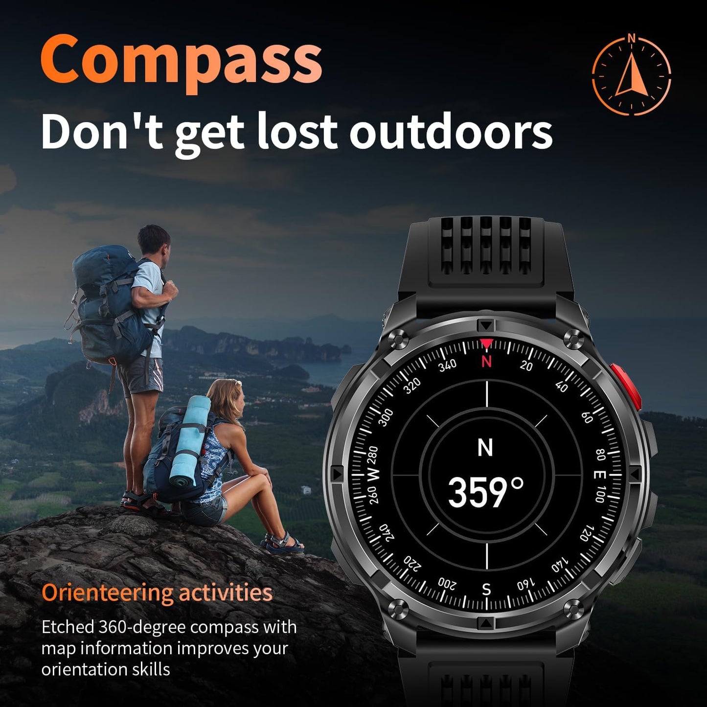 Mens Smart Watch for Android Phones and Iphone,Military Sport Smart Watches for Men Fitness Tracker Watch with Flashlight/Compass/Waterproof/100 Days Battery/Heart Rate/Sleep/100+ Sport Modes