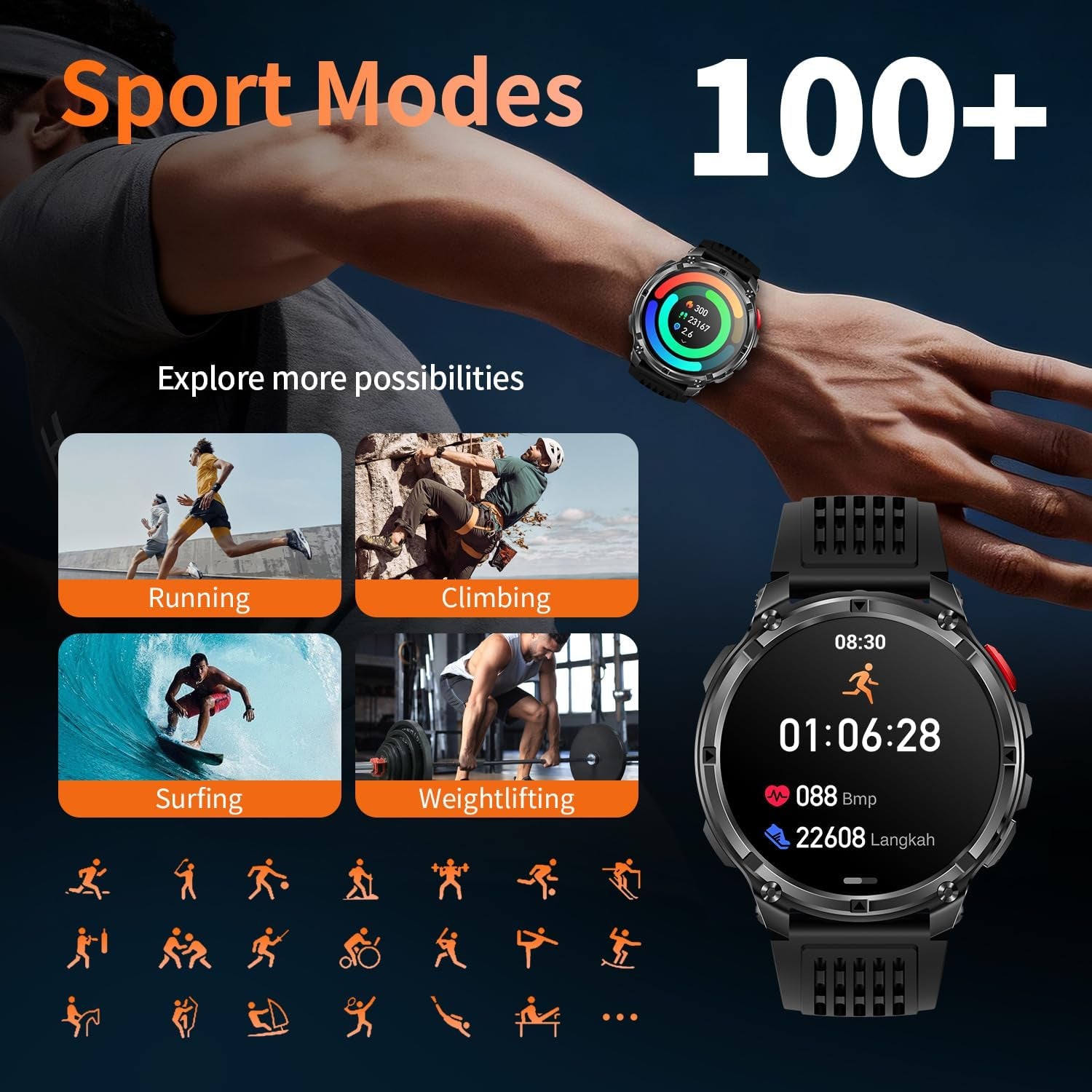 Mens Smart Watch for Android Phones and Iphone,Military Sport Smart Watches for Men Fitness Tracker Watch with Flashlight/Compass/Waterproof/100 Days Battery/Heart Rate/Sleep/100+ Sport Modes