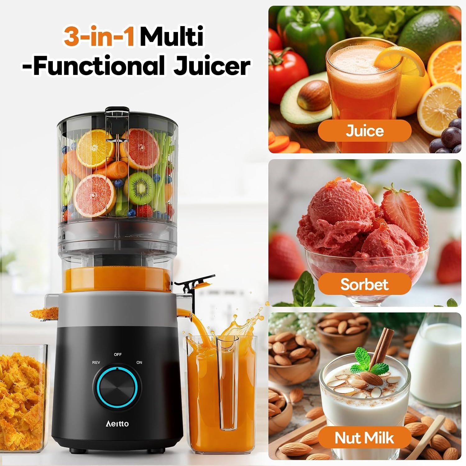 3-In-1 Cold Press Juicer, Makes Juice, Nut Milk & Sorbet, Filter-Free Easy Cleaning, 6.0" Wide Mouth Self-Feeding Hopper, Hands-Free Juicer Machines for Healthy Everyday Living, with Pusher